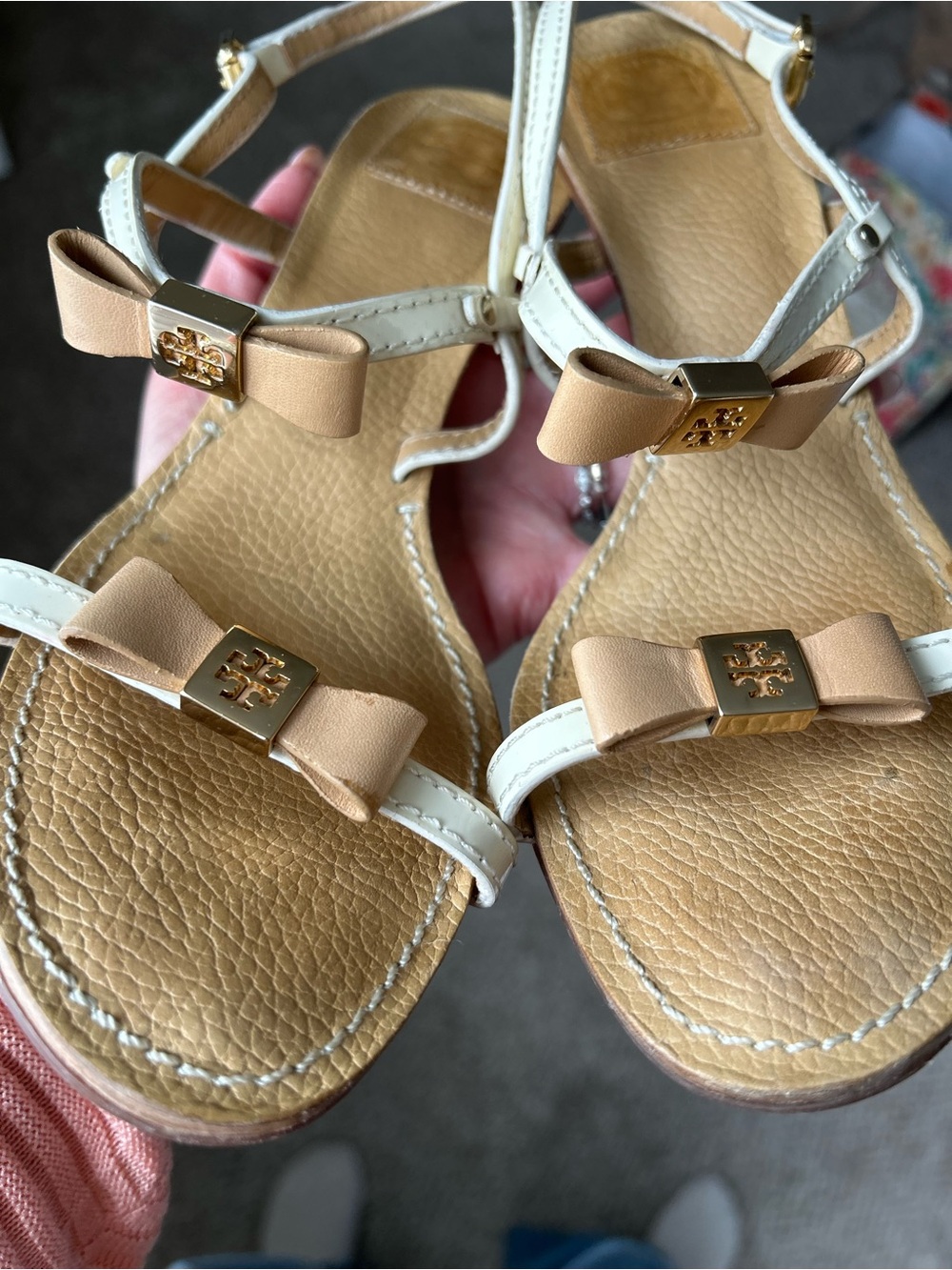 Tory Burch Cream and Tan Bow Slingback Sandals - Picture 2 of 5